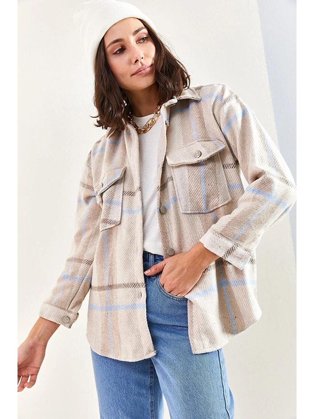 Bej Kadın Cepli Ekose Oduncu Gömlek 4634-2
