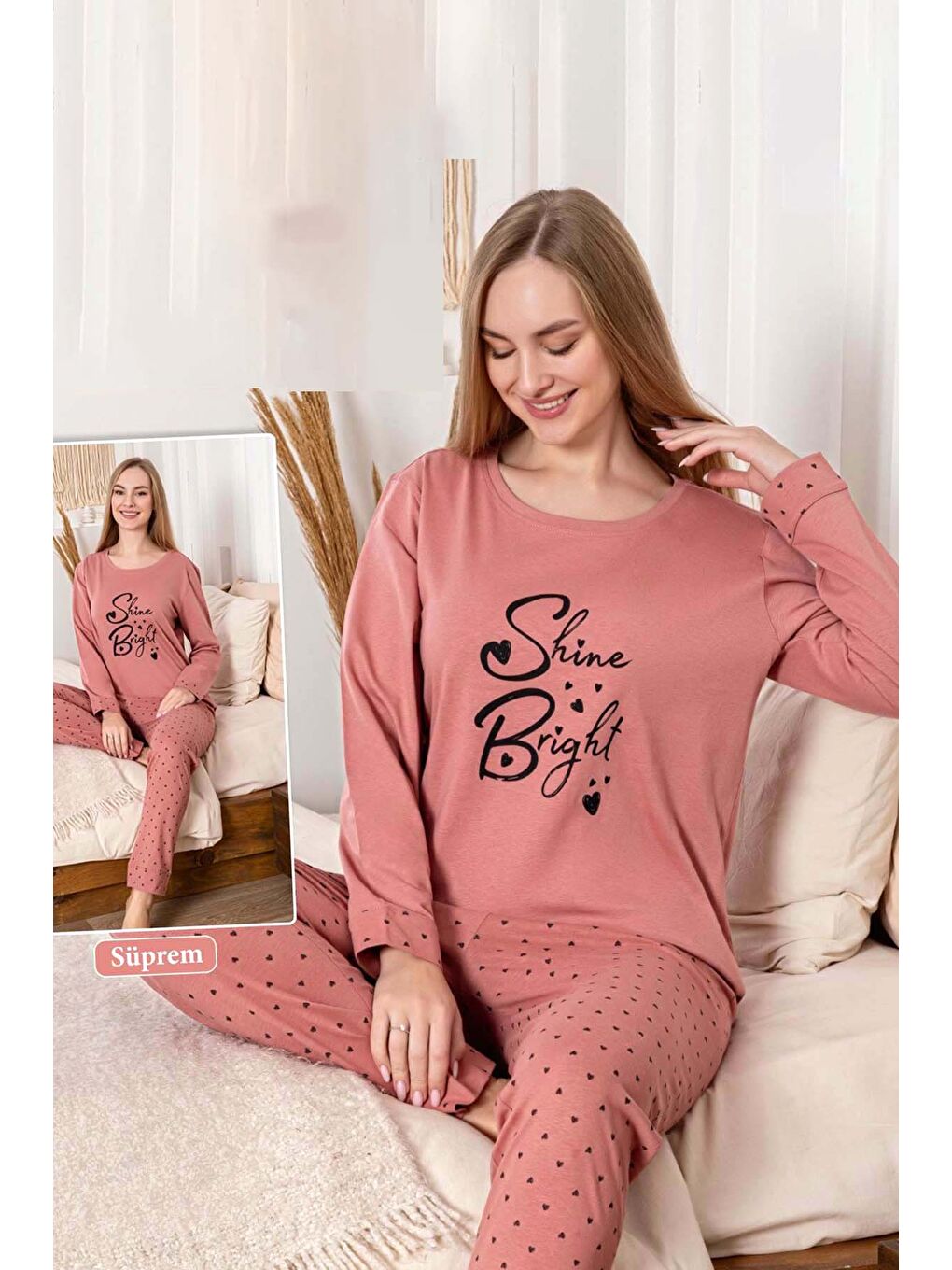 Kadın Kalp Desen Suprem Pijama Takımı 0462 Pembe04-2