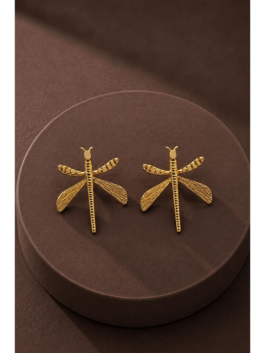 Sarı Dragonfly Mat Gold Kadın Çivi Küpe-1