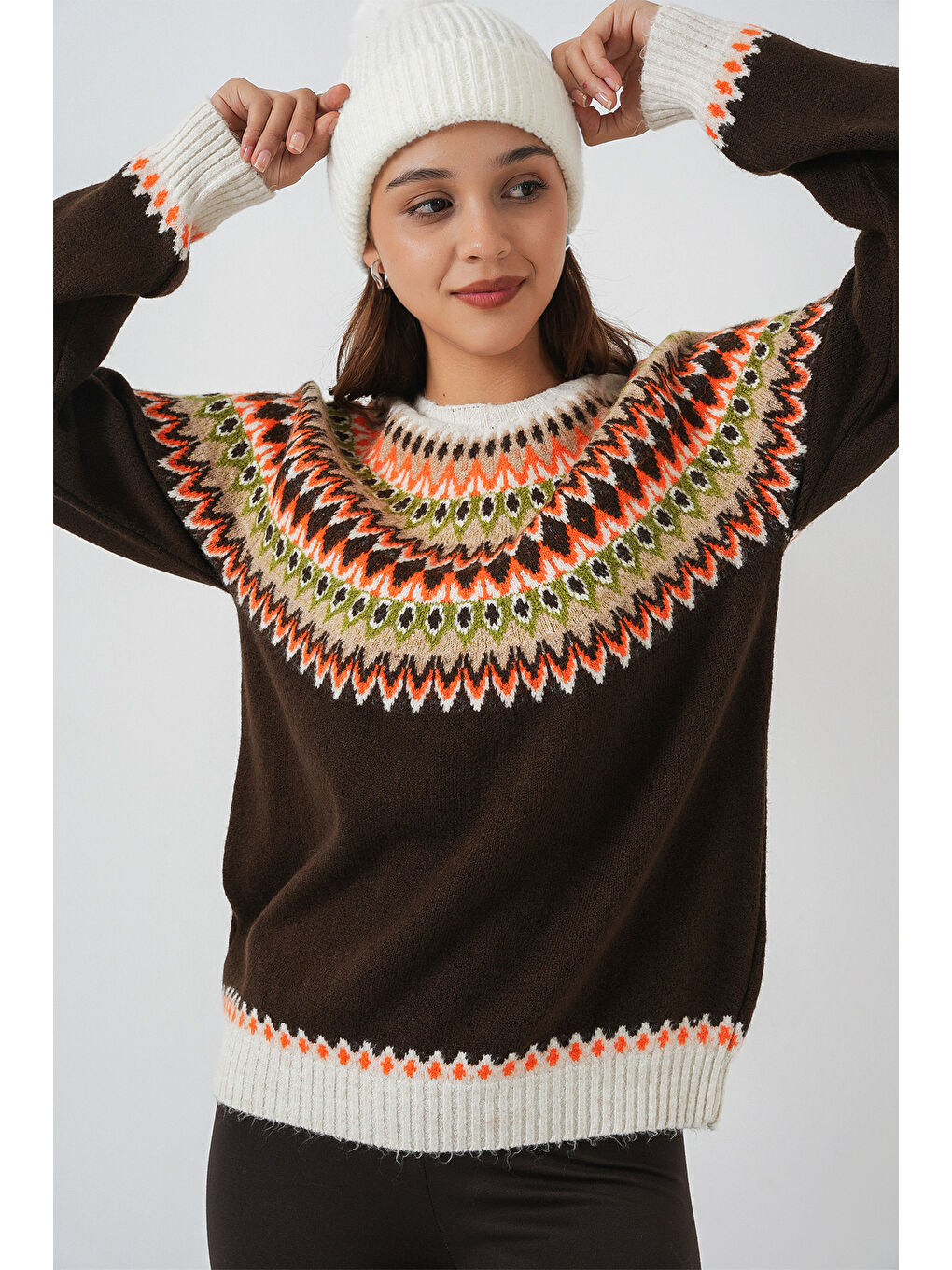 Kadın Desenli Triko Kazak 15932 - Kahverengi-2
