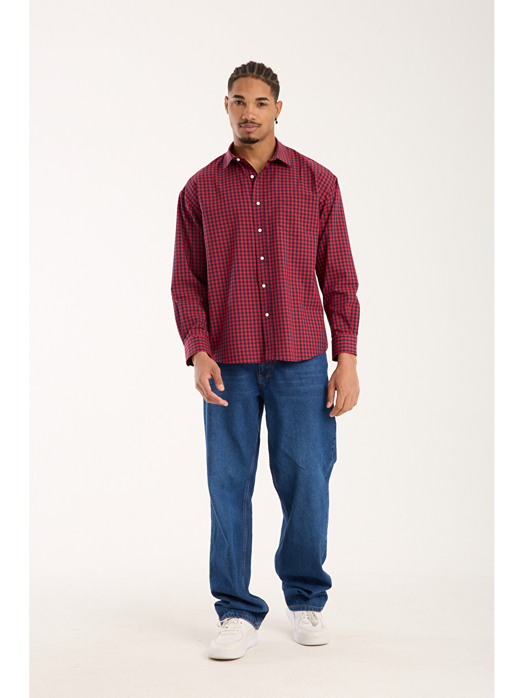 Rio Twill Pamuk Karışımlı Oversize Fit Kırmızı Klasik Yaka Erkek Kareli Gömlek-2
