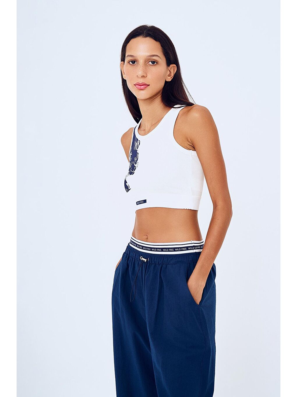 Halter Yaka Desenli Crop Atlet Lacivert-3