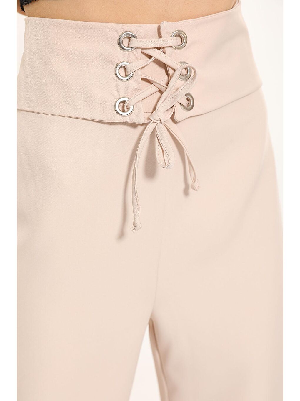 Bej Kadın Bel Kuşak Detaylı Palazzo Pantolon-5