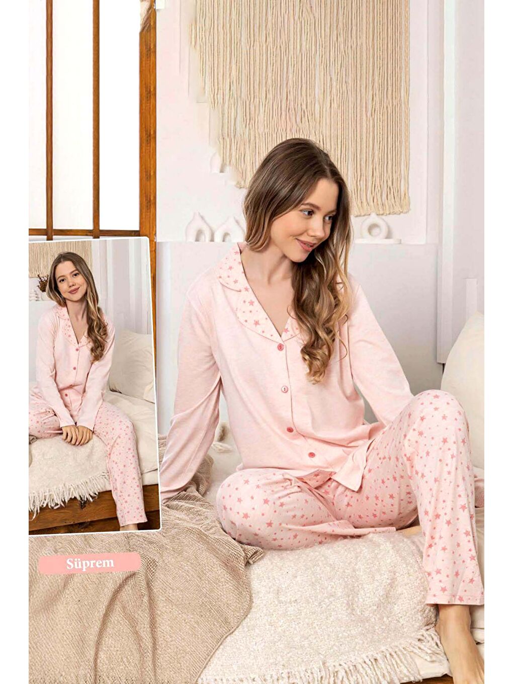 Kadın Yıldız Desen Düğmeli Suprem Pijama Takımı 0350 Pembe03