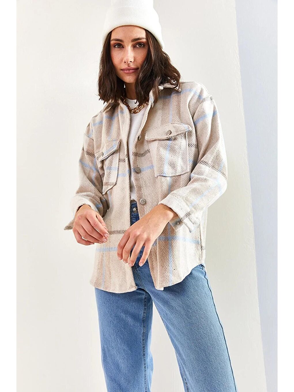 Bej Kadın Cepli Ekose Oduncu Gömlek 4634-3