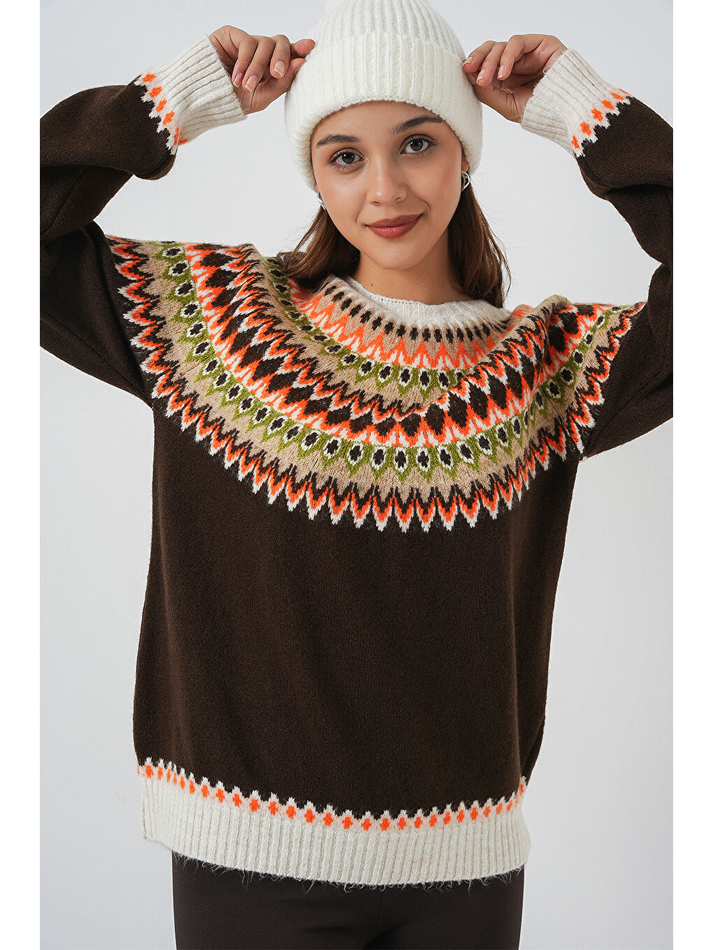 Kadın Desenli Triko Kazak 15932 - Kahverengi-3