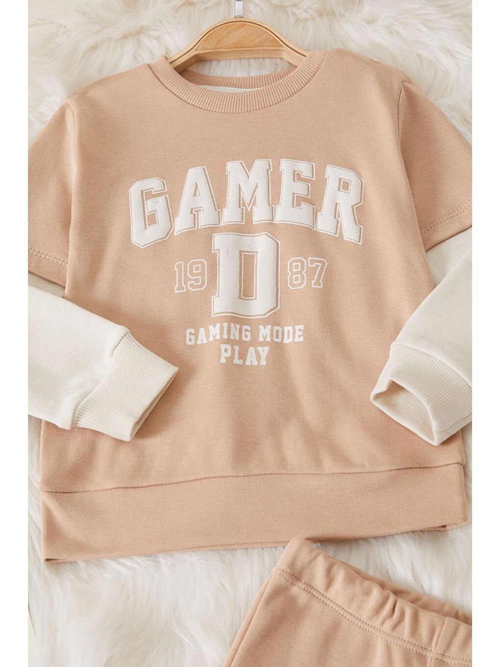 Damla Bebe Krem Gamer Şeritli Baskılı Erkek Bebek Eşofman Takımı 17451 - 2