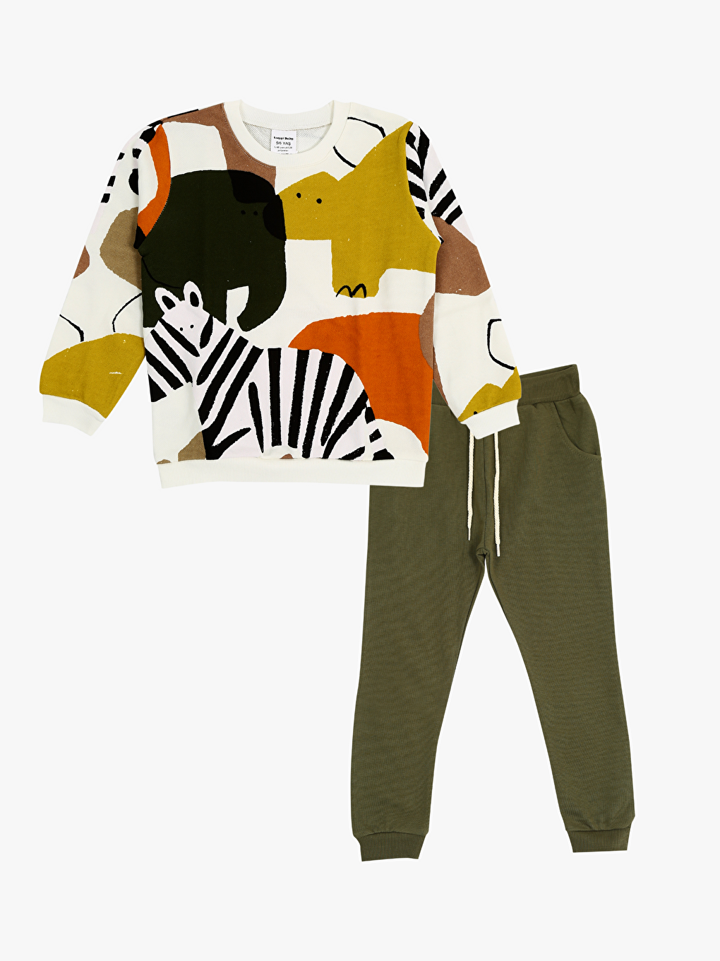 Haki Bisiklet Yaka Baskılı Erkek Bebek Sweatshirt ve Eşofman Alt 2'li