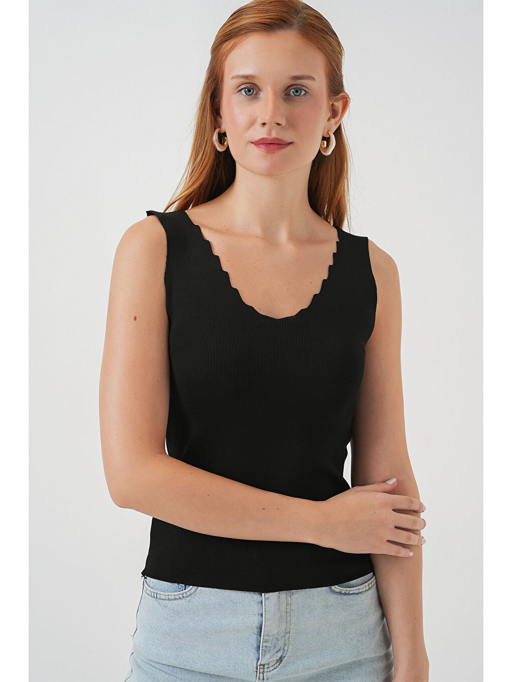 Kadın Zikzaklı V Yaka Bluz 15930 - Siyah-2