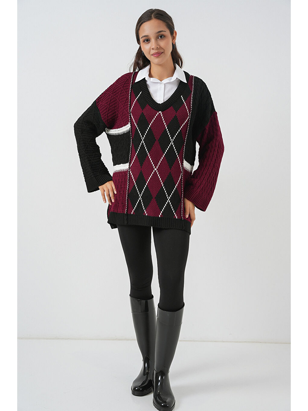 Kadın V Yaka Desenli Triko Kazak 15933 - Bordo-1