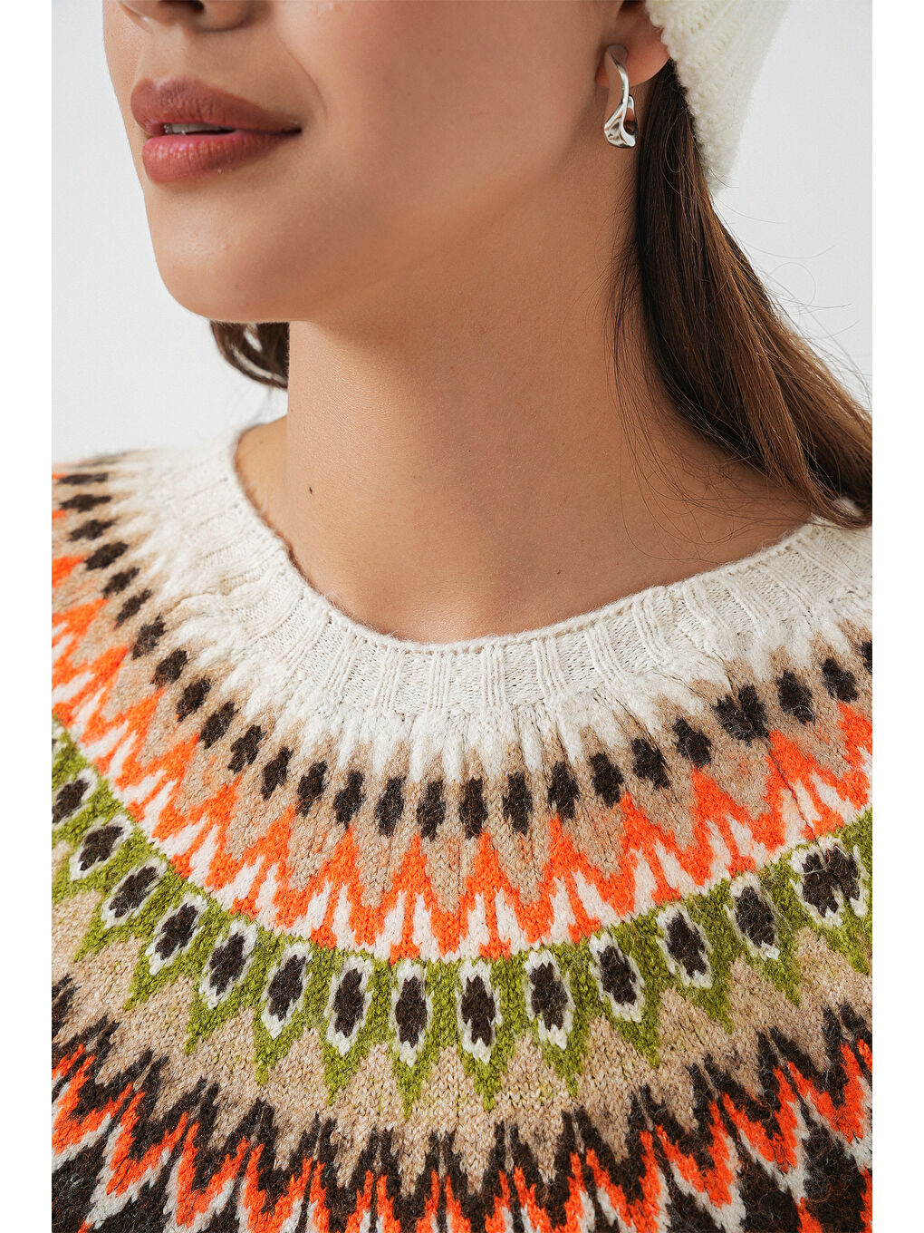 Kadın Desenli Triko Kazak 15932 - Kahverengi-4