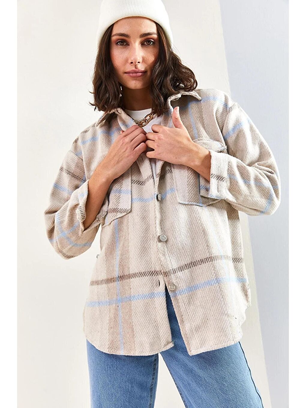 Bej Kadın Cepli Ekose Oduncu Gömlek 4634-4