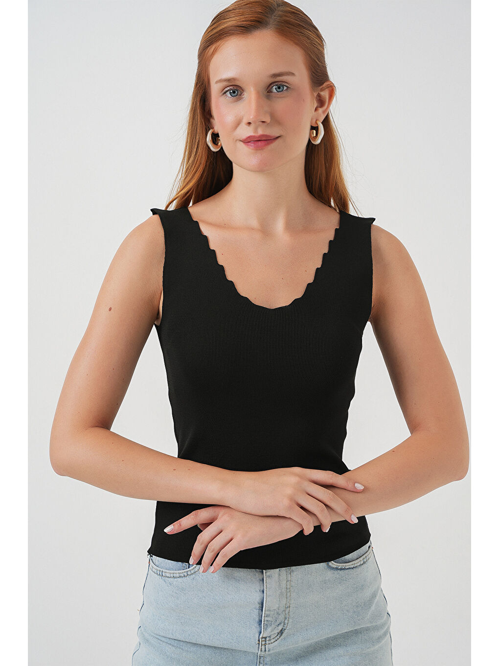 Kadın Zikzaklı V Yaka Bluz 15930 - Siyah-3