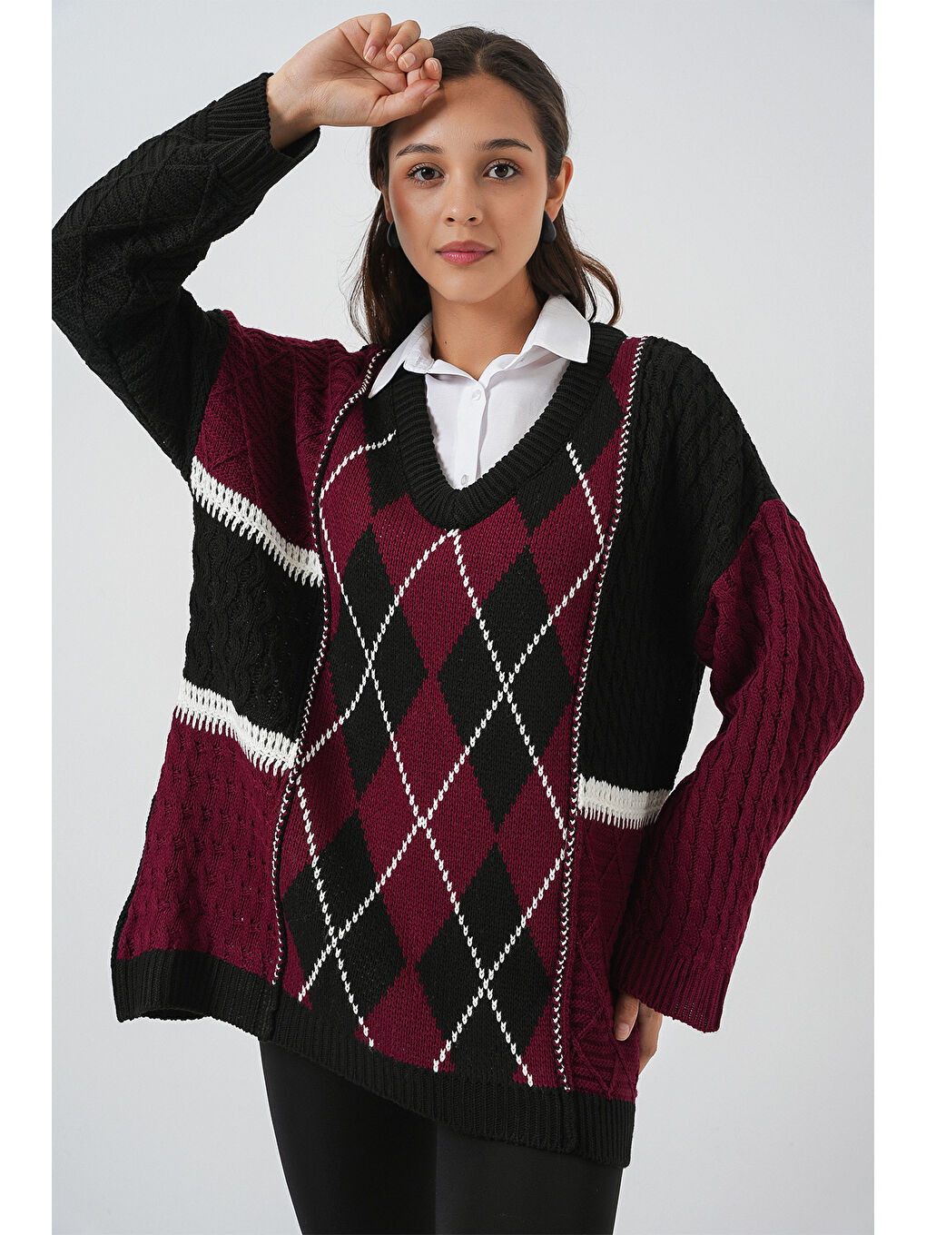 Kadın V Yaka Desenli Triko Kazak 15933 - Bordo-2