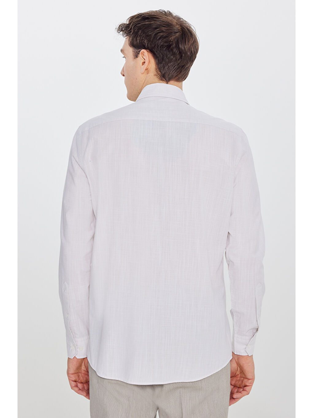 Erkek Bej %100 Pamuk Slim Fit Dar Kesim Düğmeli Yaka Armürlü Flamlı Gömlek-4