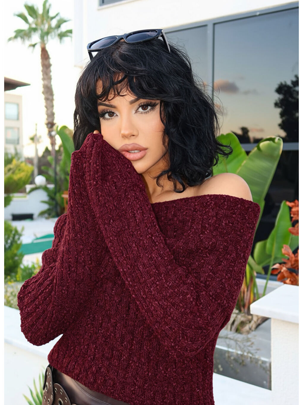 Bordo Yumuşak Dokulu Açık Omuzlu Kazak AR-105-2