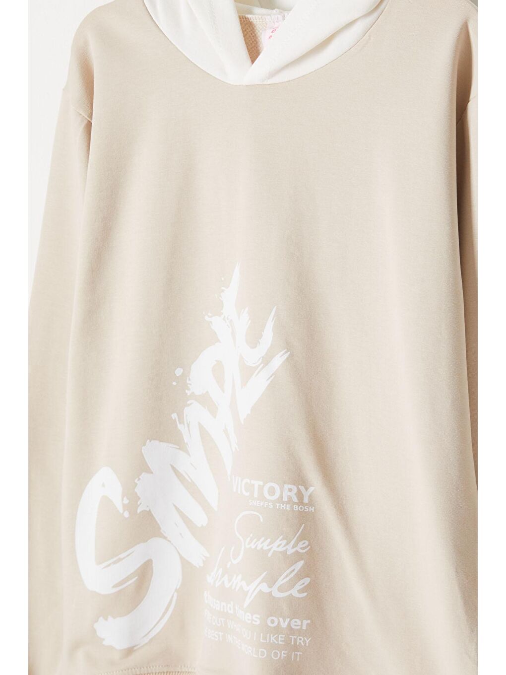 Ekru Krem Simple Yazı Baskı Kapüşonlu Kız Sweatshirt 16597-1