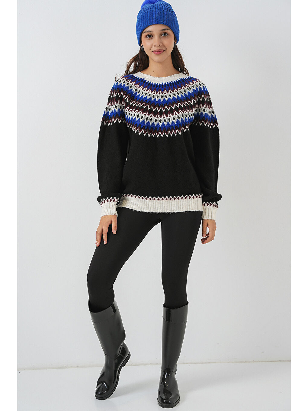 Kadın Desenli Triko Kazak 15932 - Siyah-1