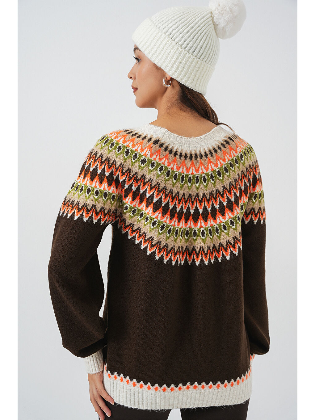 Kadın Desenli Triko Kazak 15932 - Kahverengi-5