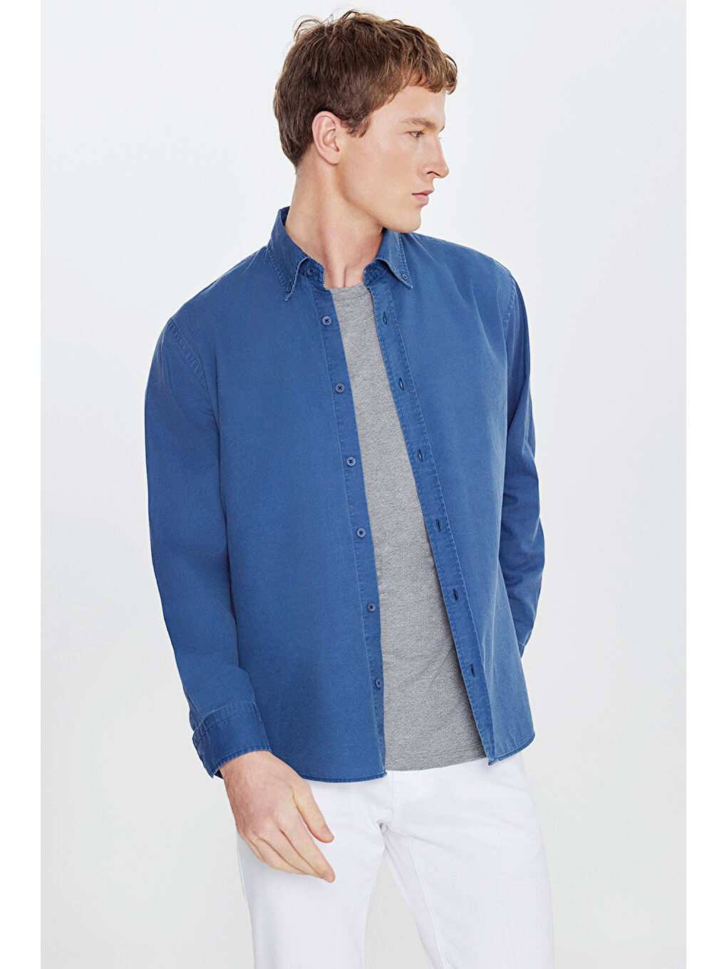 Erkek Gri Melanj Pamuklu Standart Fit Normal Kesim Bisiklet Yaka Esnek Tişört-2