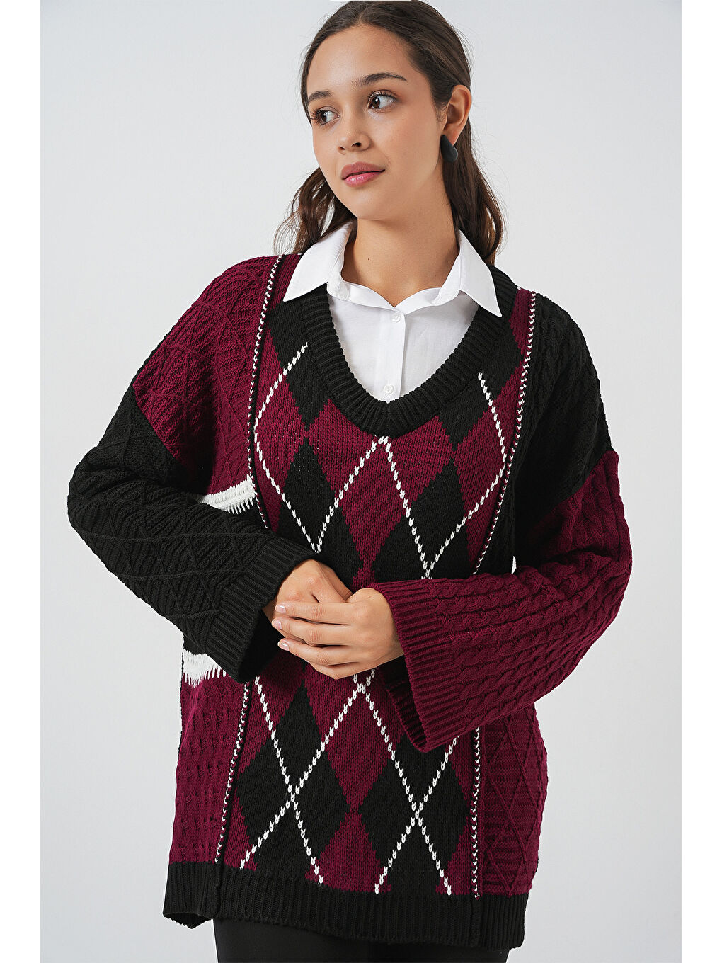 Kadın V Yaka Desenli Triko Kazak 15933 - Bordo-3