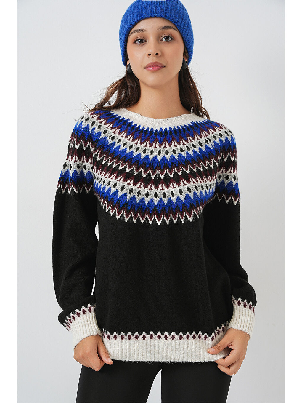 Kadın Desenli Triko Kazak 15932 - Siyah-2