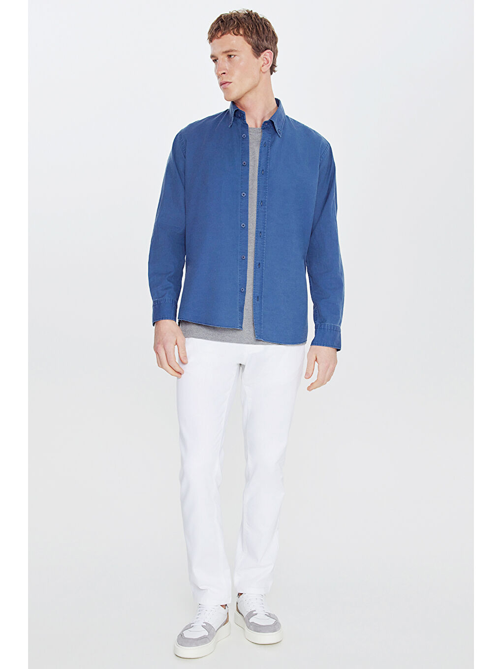 Erkek Gri Melanj Pamuklu Standart Fit Normal Kesim Bisiklet Yaka Esnek Tişört-3