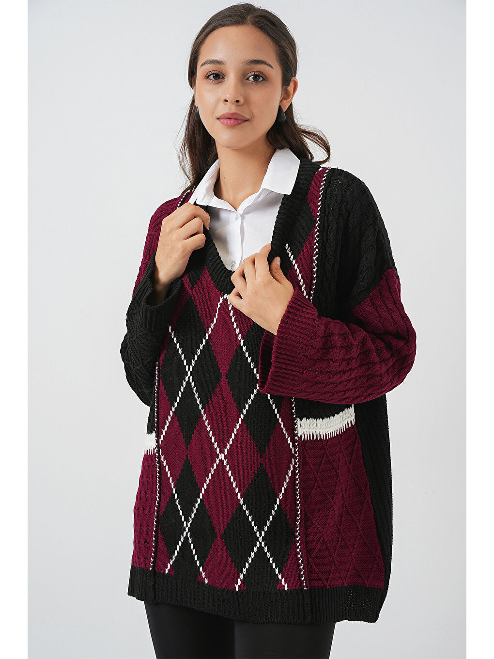 Kadın V Yaka Desenli Triko Kazak 15933 - Bordo-4