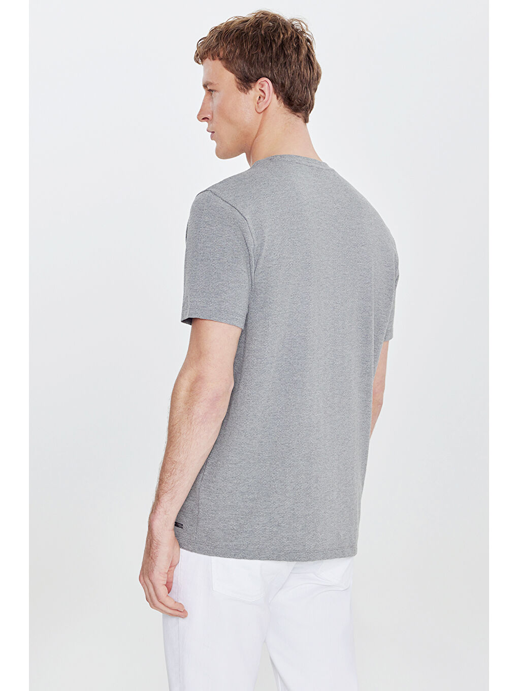 Erkek Gri Melanj Pamuklu Standart Fit Normal Kesim Bisiklet Yaka Esnek Tişört-4