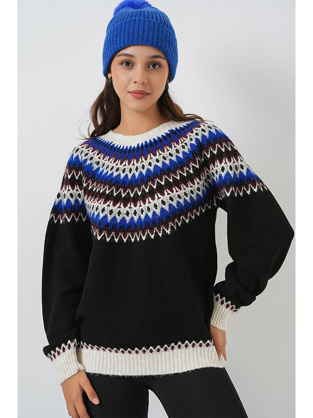 Kadın Desenli Triko Kazak 15932 - Siyah-3