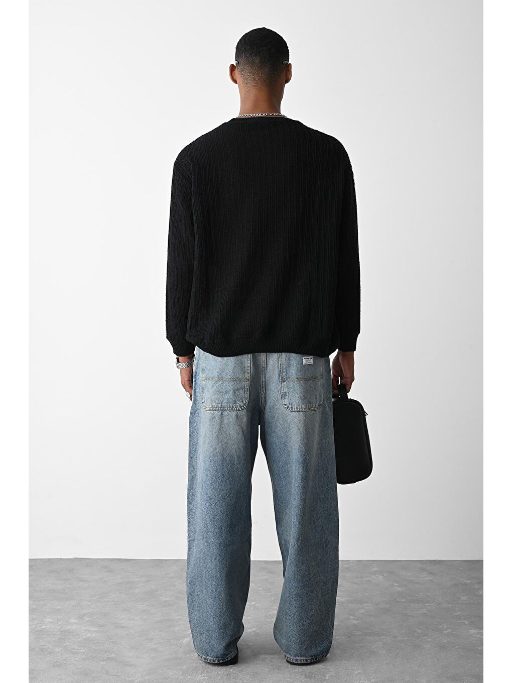 Siyah Örme Oversize Triko Kazak-2