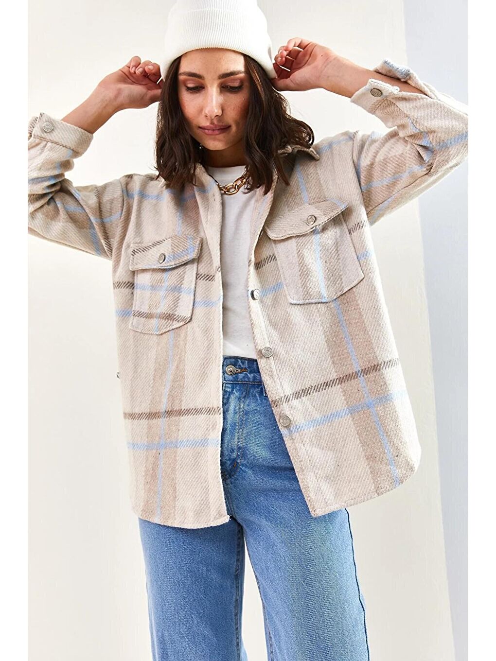 Bej Kadın Cepli Ekose Oduncu Gömlek 4634