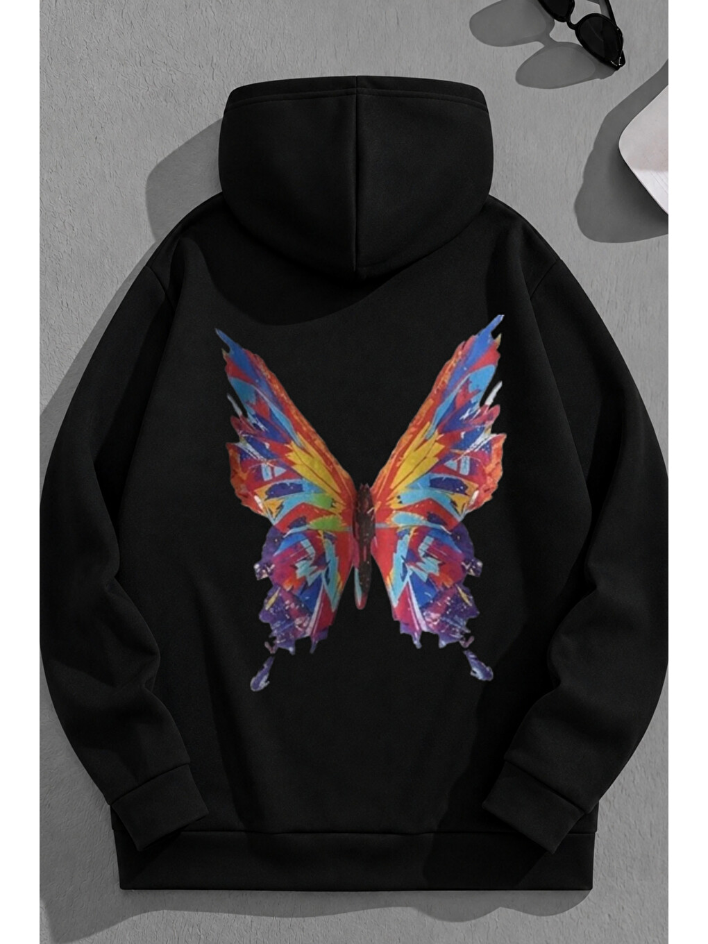 Unisex 3 İplik Pamuklu Siyah Renklikelebek Baskı Bol Kalıp Sweatshirt Hoodie