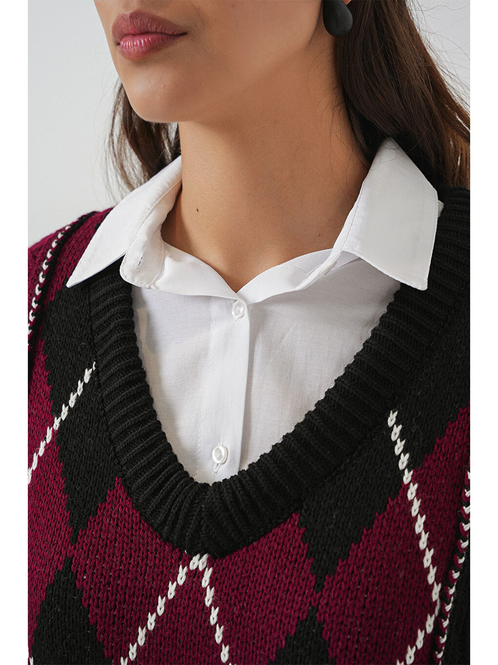 Kadın V Yaka Desenli Triko Kazak 15933 - Bordo-5