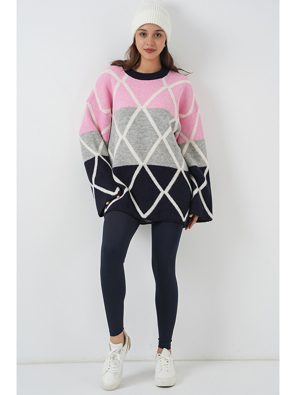 Kadın Baklava Desenli Oversize Uzun Kazak 15931 - Lacivert-1