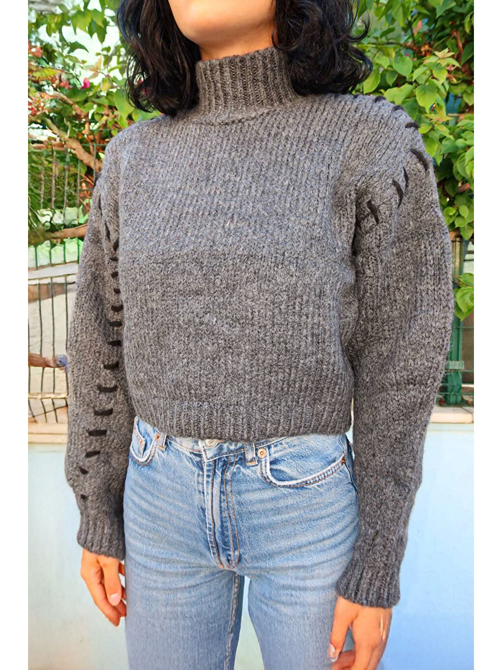 Antrasit Omzu Dikiş Detaylı Boğazlı Triko Kazak A-081-1