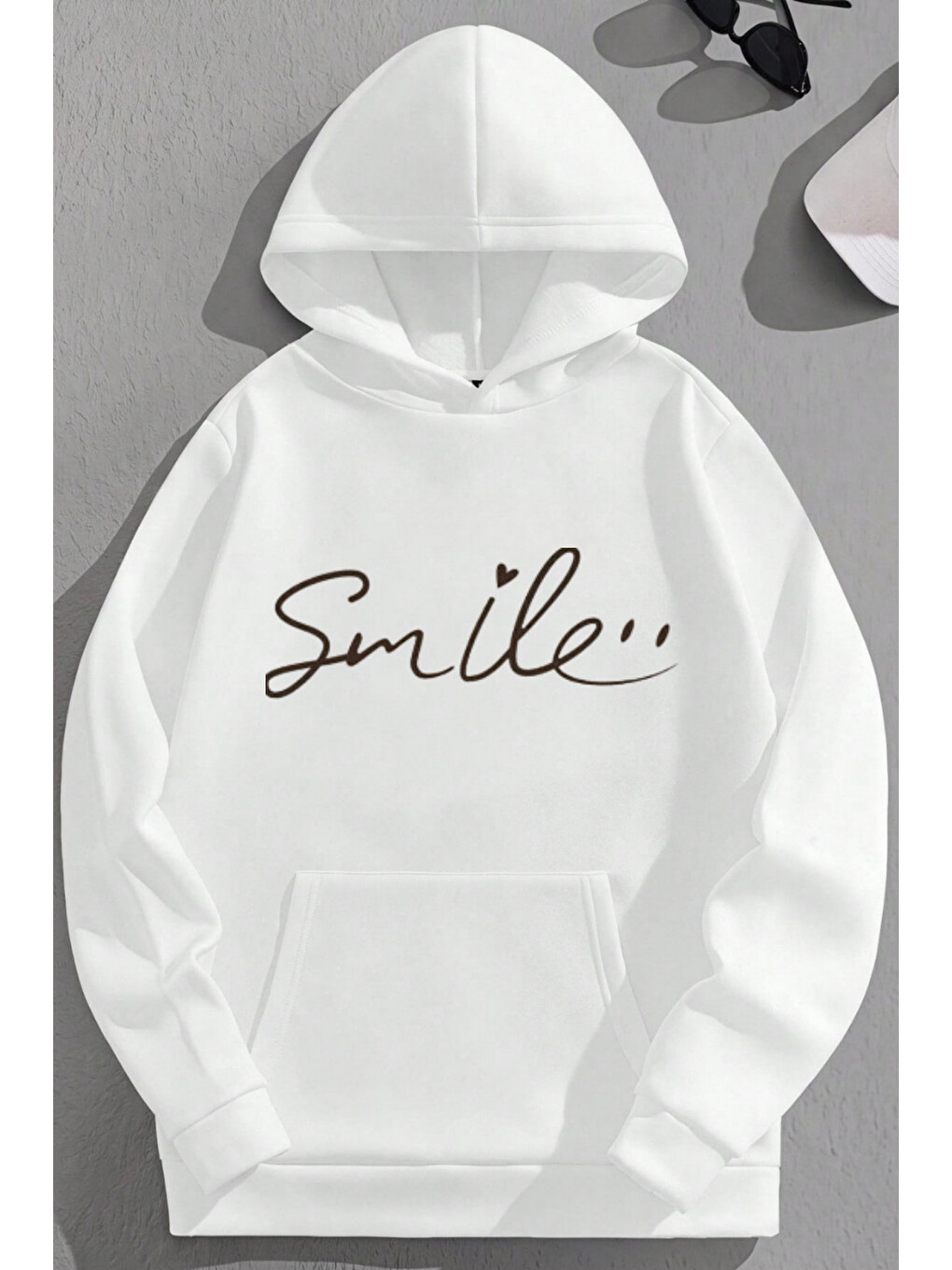 Unisex 3 İplik Pamuklu Beyaz Smile Baskı Bol Kalıp Sweatshirt Hoodie