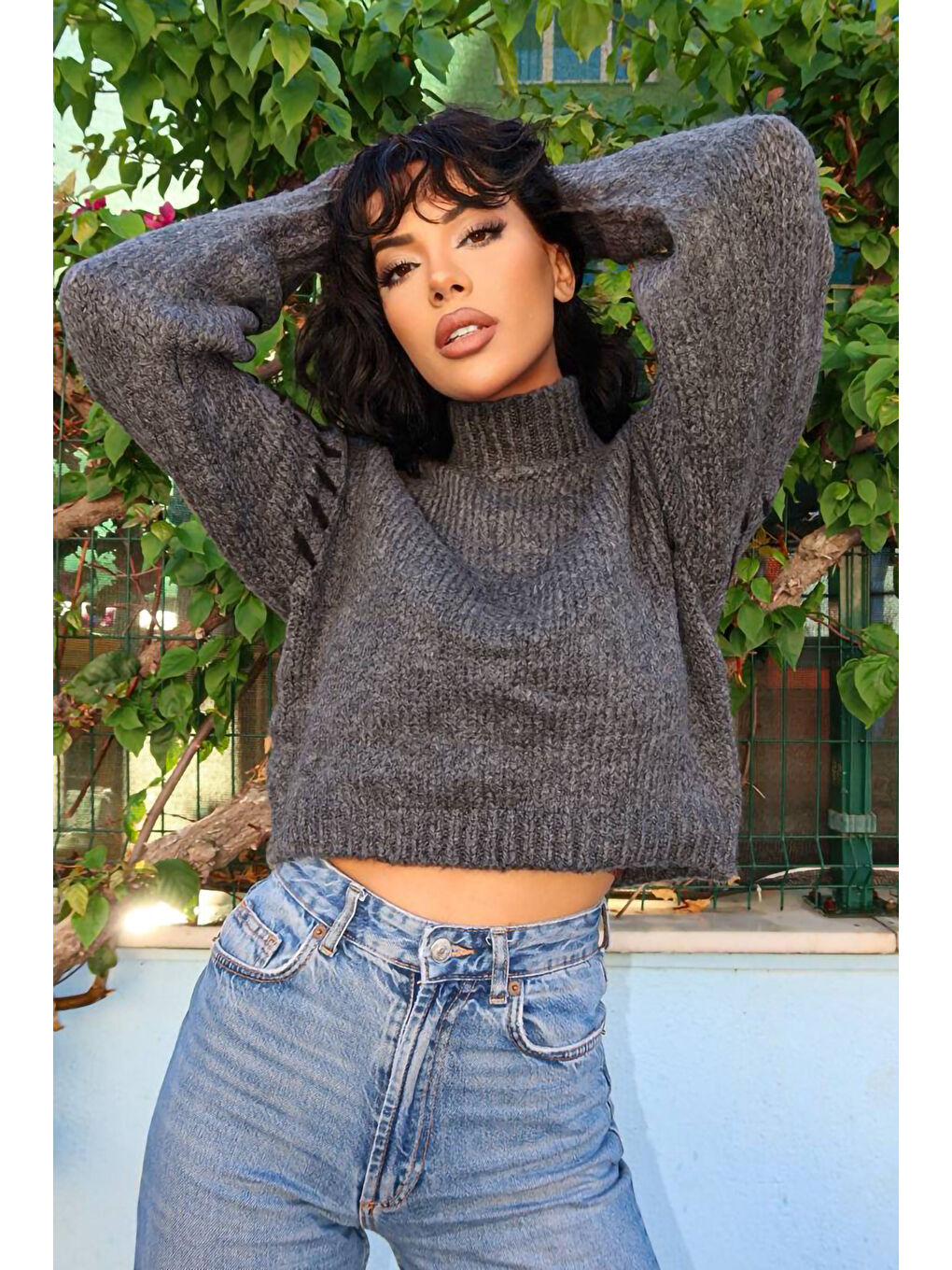 Antrasit Omzu Dikiş Detaylı Boğazlı Triko Kazak A-081-2