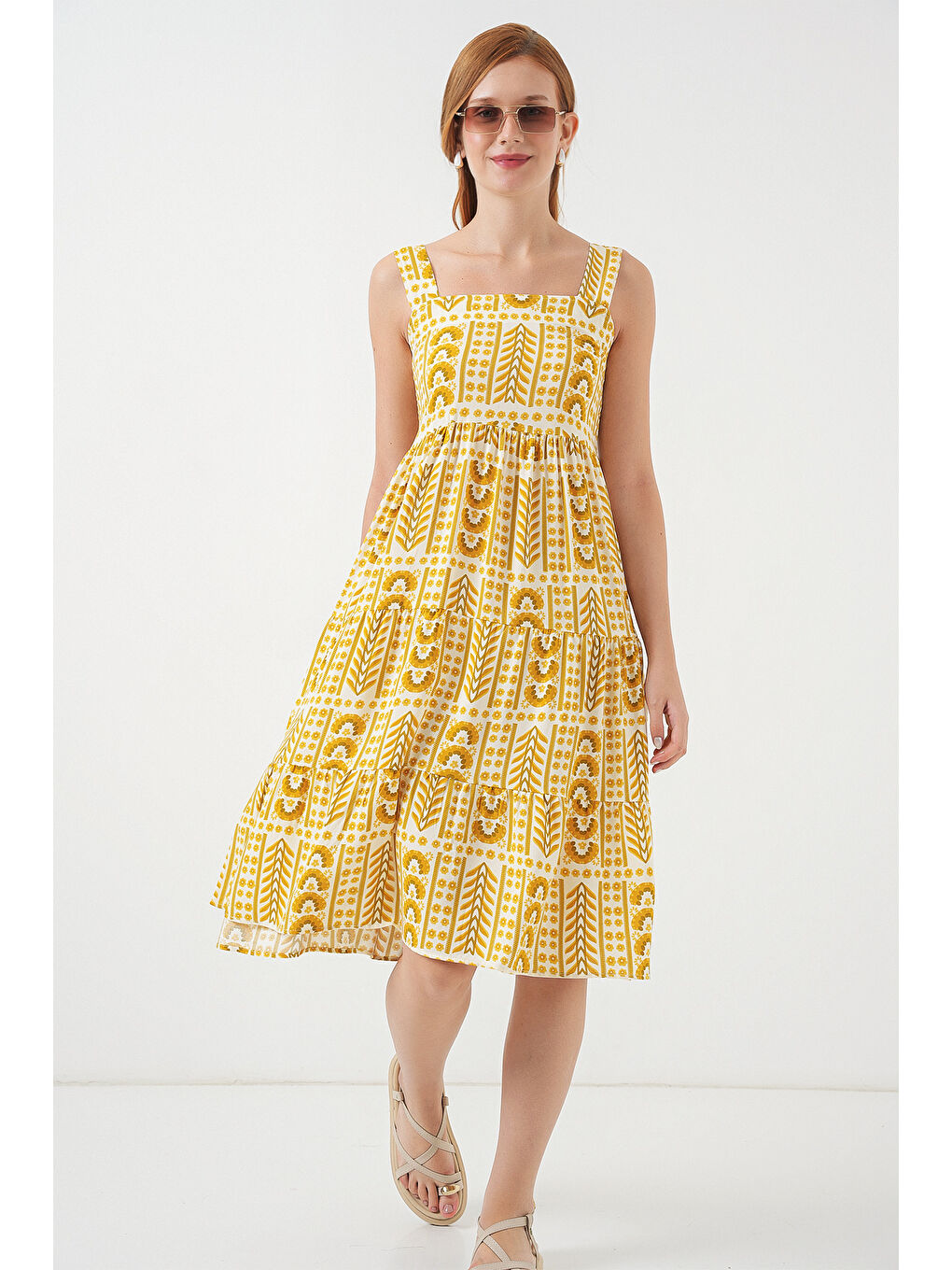 Kadın Desenli Askılı Midi Elbise 2577 - Sarı-1