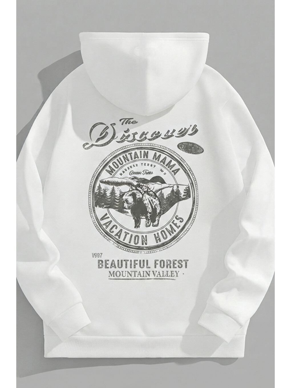 Unisex 3 İplik Pamuklu Beyaz Thediscovery Baskı Bol Kalıp Sweatshirt Hoodie