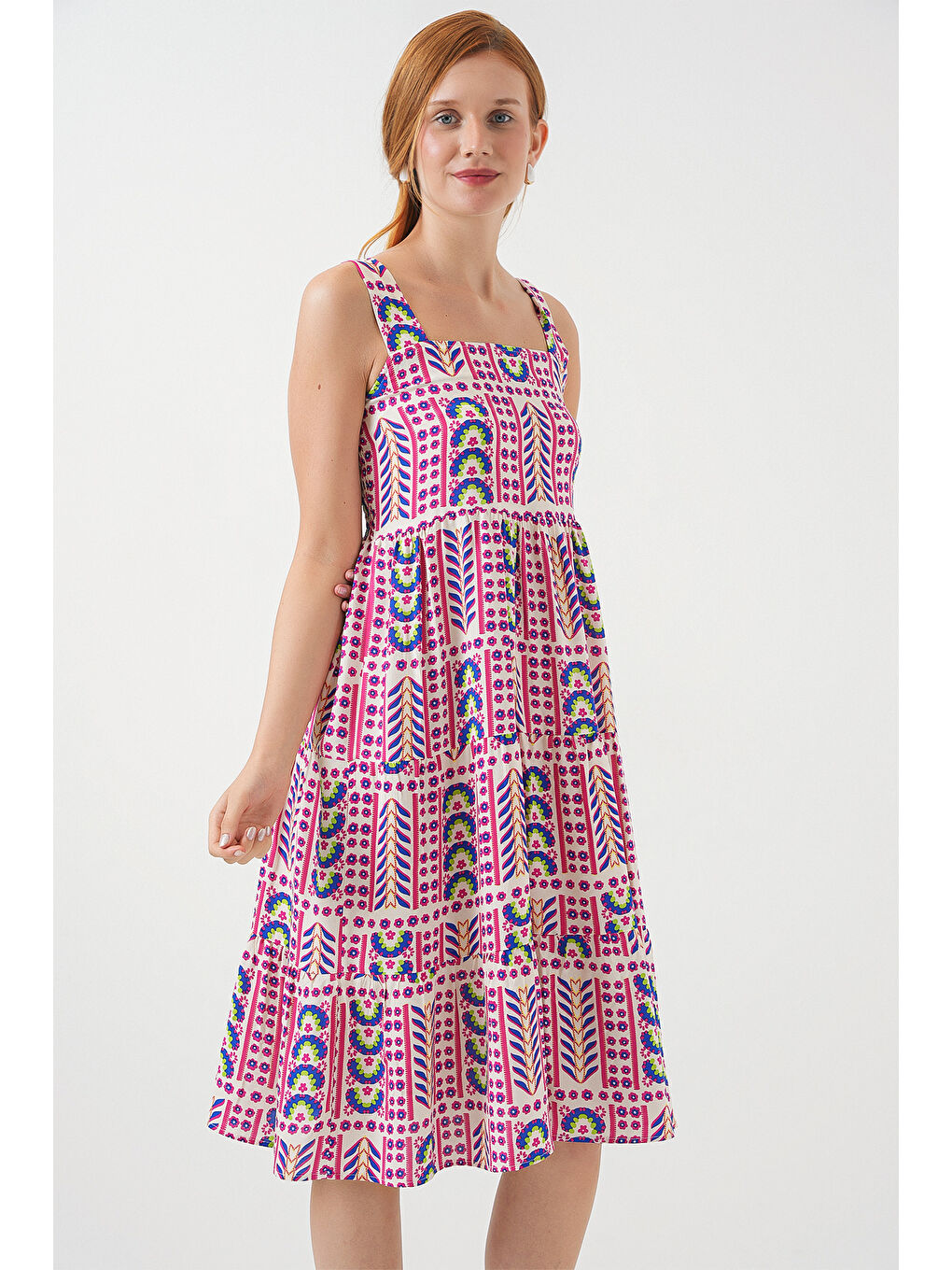 Kadın Desenli Askılı Midi Elbise 2577 - Fuşya-3