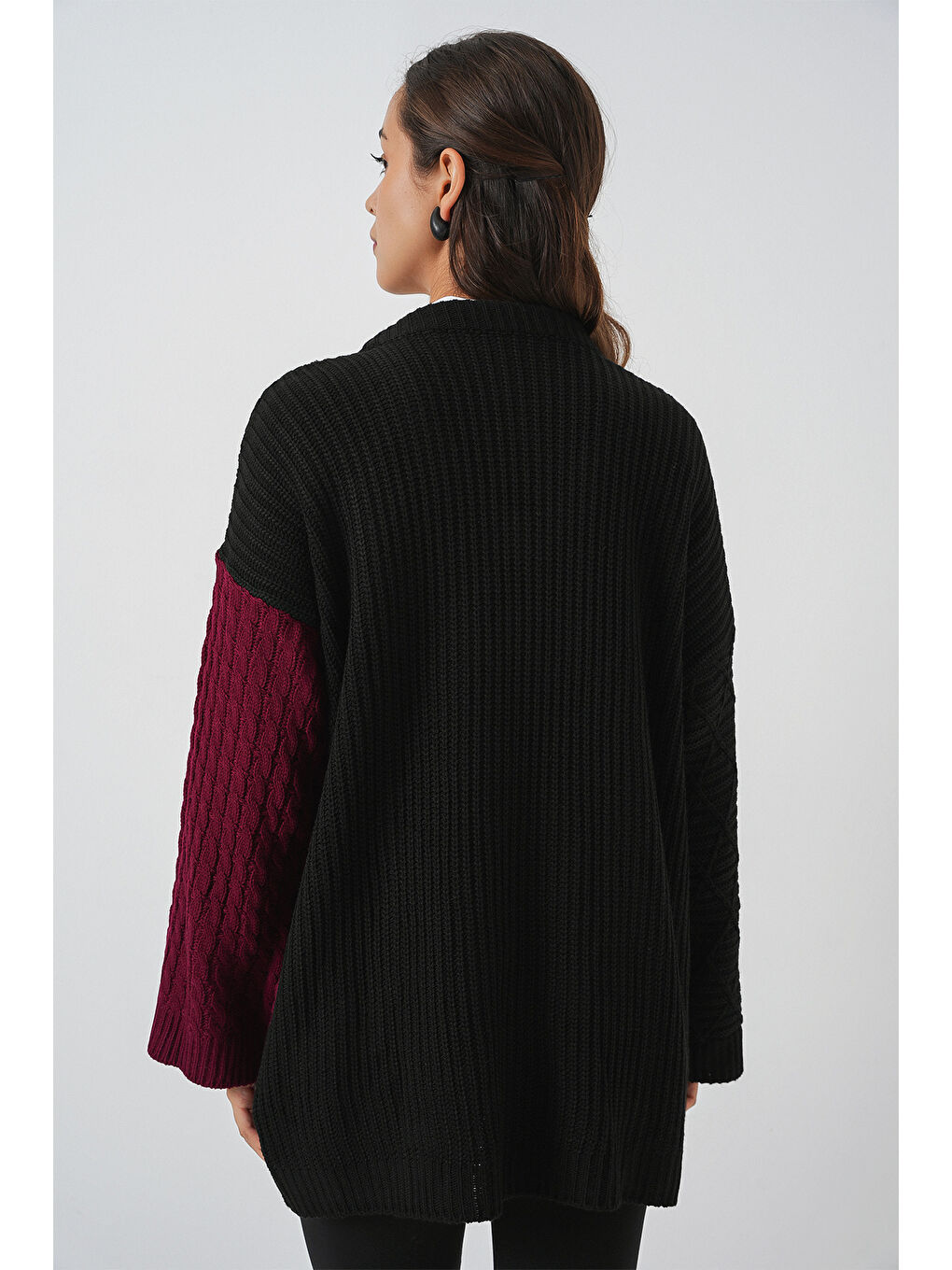 Kadın V Yaka Desenli Triko Kazak 15933 - Bordo-6