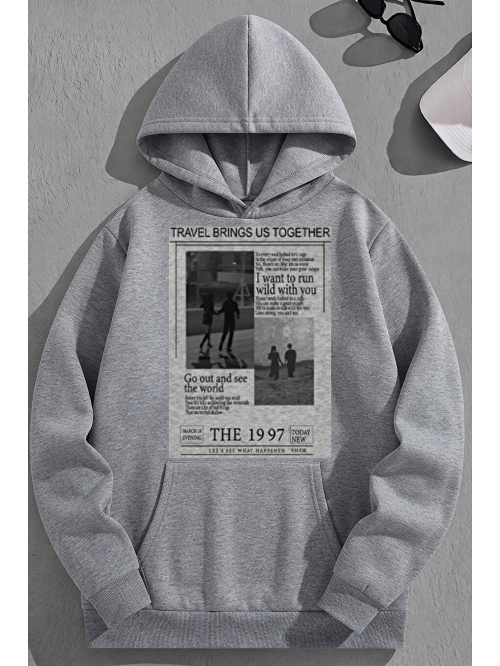Unisex 3 İplik Pamuklu Gri The1997gazete Baskı Bol Kalıp Sweatshirt Hoodie