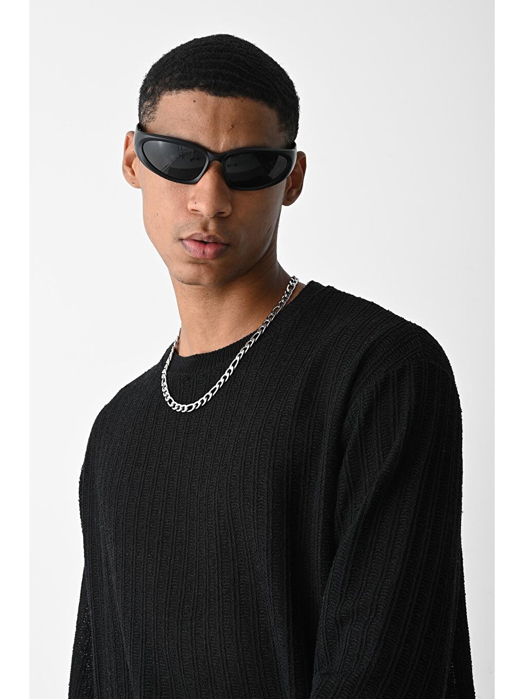 Siyah Örme Oversize Triko Kazak-4