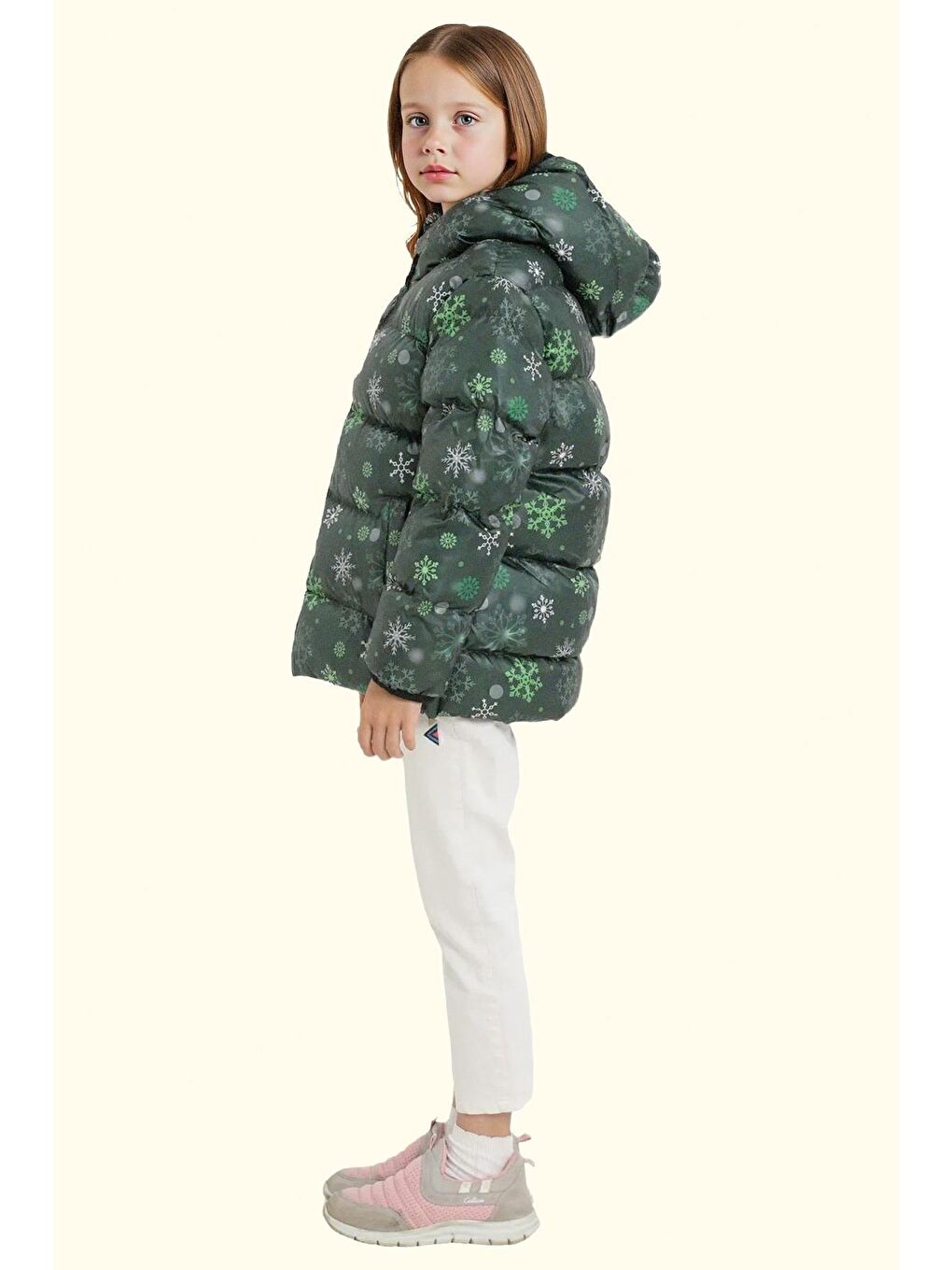 Yeşil Kız Çocuk Pusula Desen Polar Su Ve Rüzgar Geçirmez Kapüşonlu Şişme Kışlık Mont