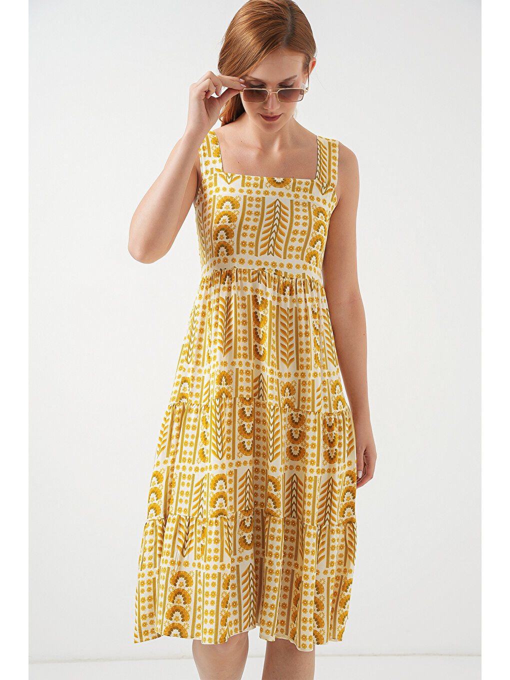 Kadın Desenli Askılı Midi Elbise 2577 - Sarı-2