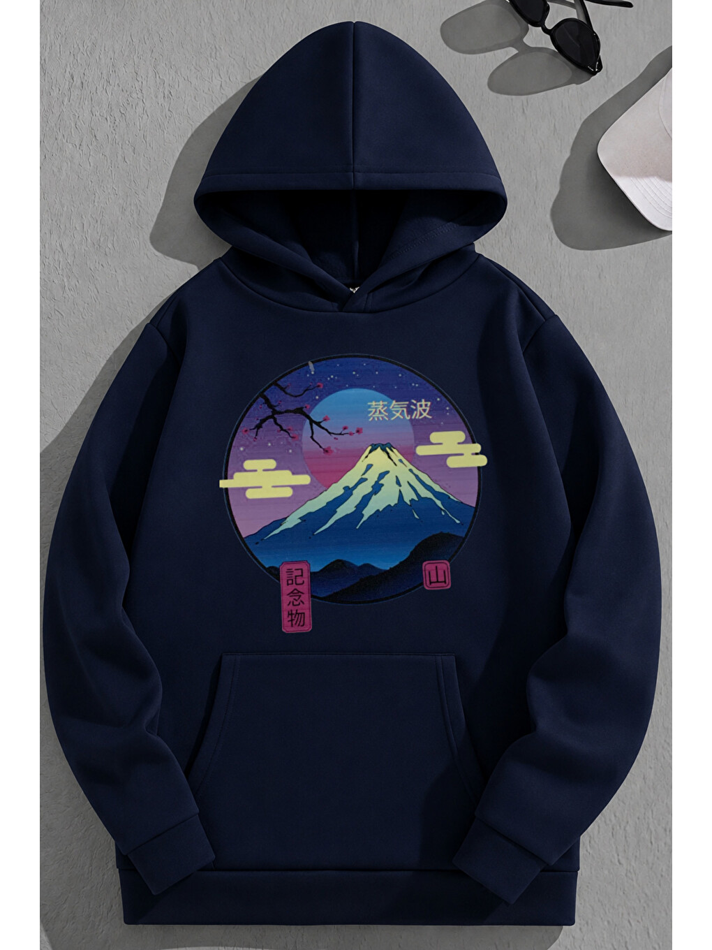 Unisex 3 İplik Pamuklu Lacivert Sakura Baskı Bol Kalıp Sweatshirt Hoodie