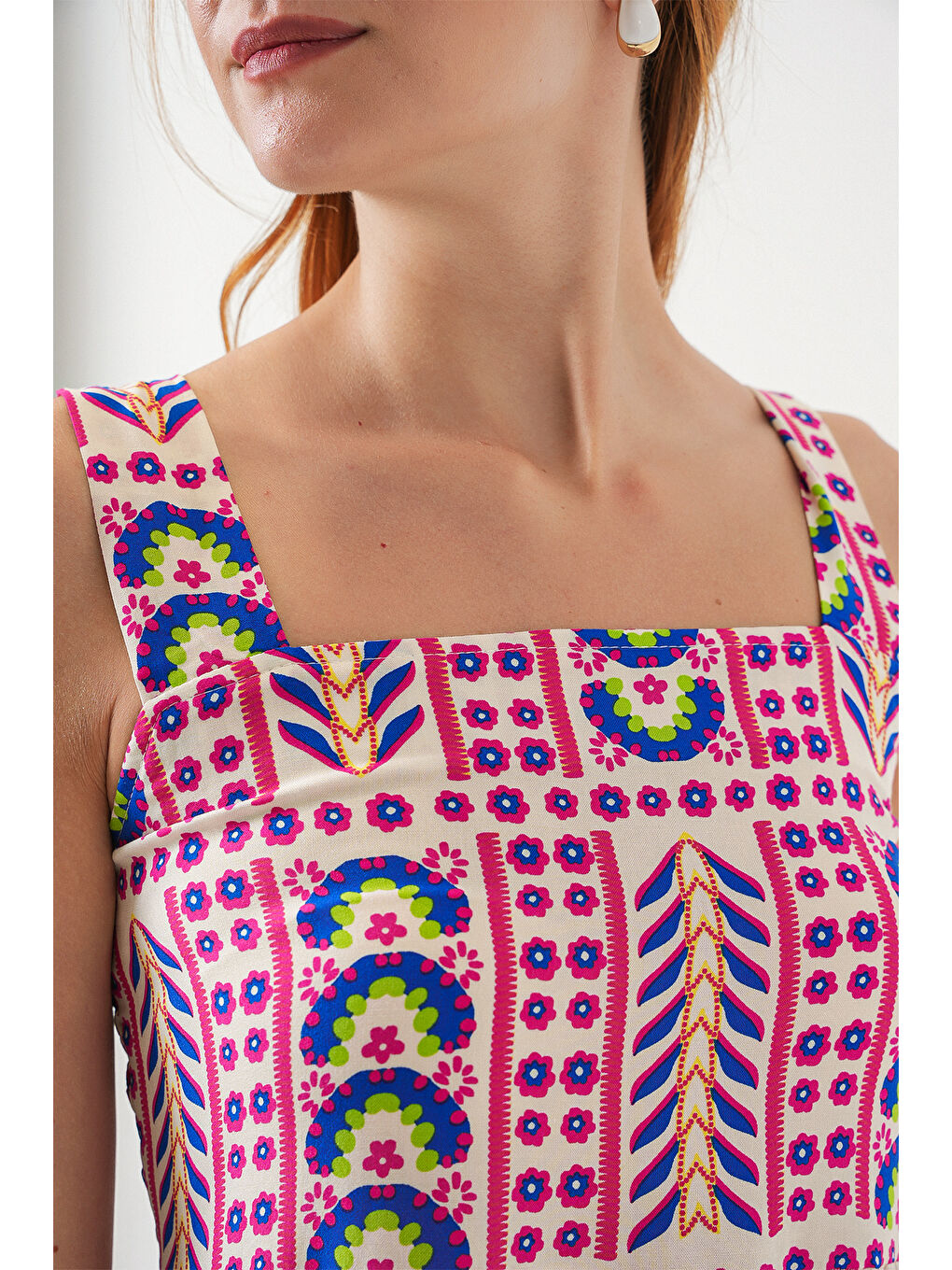 Kadın Desenli Askılı Midi Elbise 2577 - Fuşya-4