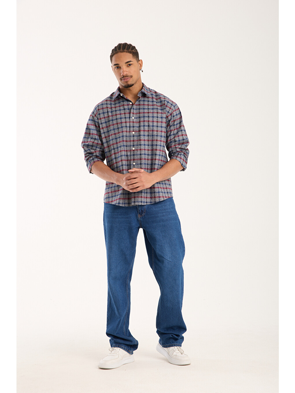 Rio Twill Pamuklu Oversize Fit Gri Klasik Yaka Erkek Ekoseli Gömlek-2