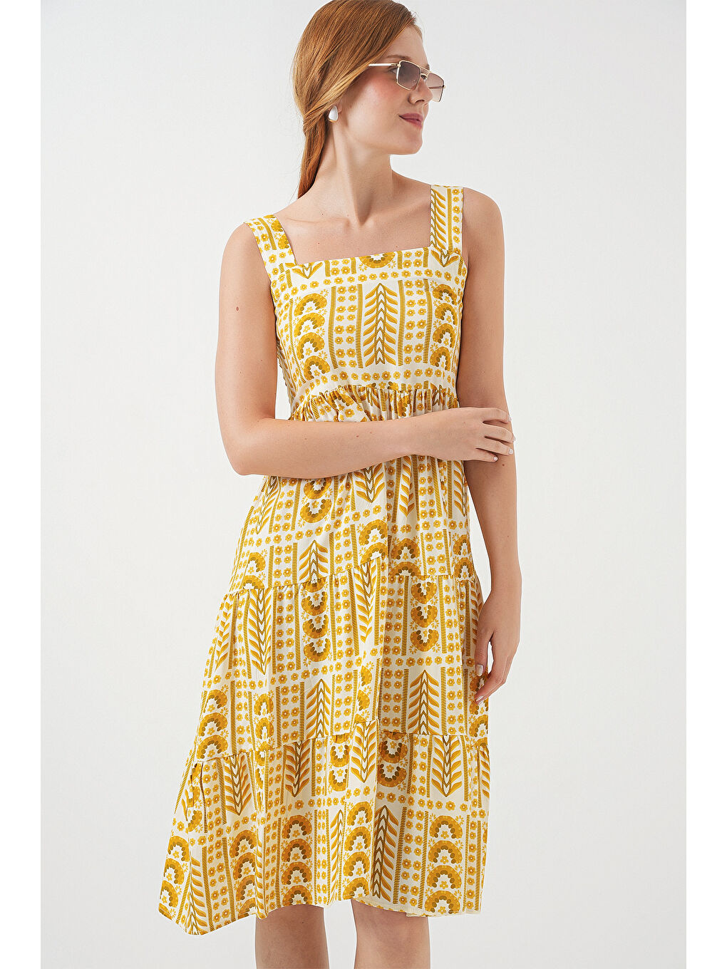 Kadın Desenli Askılı Midi Elbise 2577 - Sarı-3